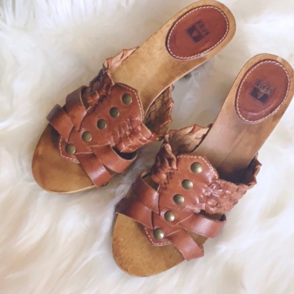 Frye Cognac wood slip on clogs/sandals